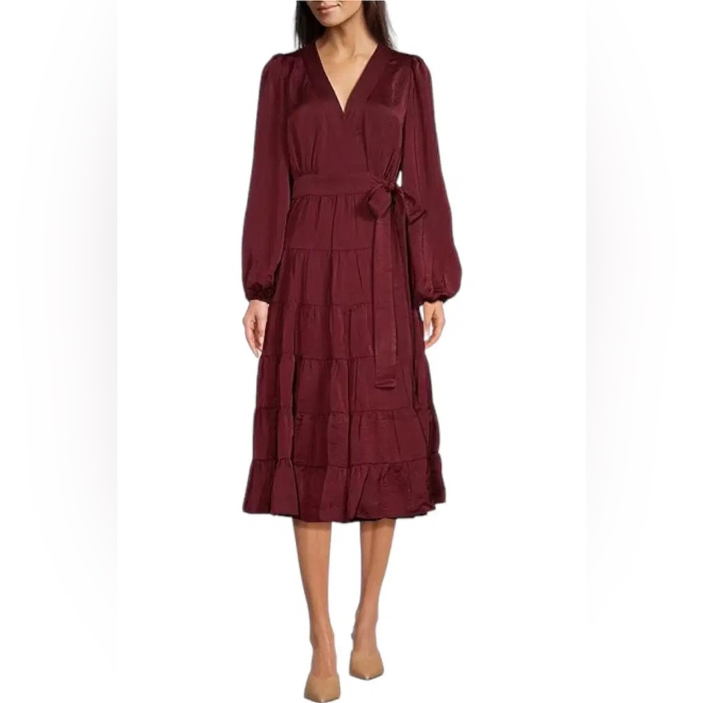 NWT Gibson Latimer Berry Long Sleeve Wrap Tiered Maxi Dress Size: Medium - Picture 2 of 9